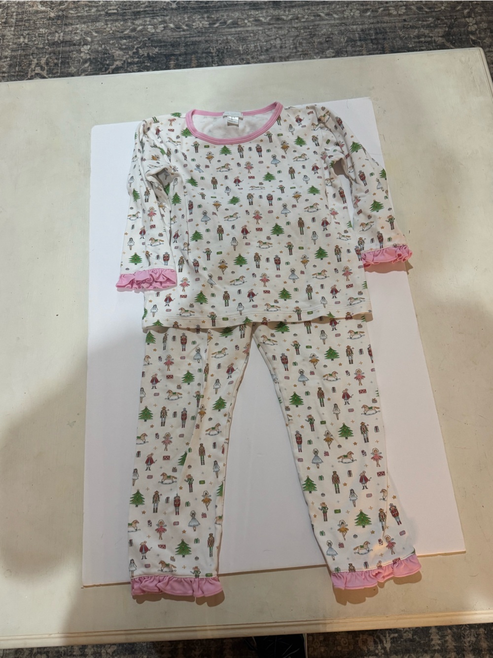 Girls' White Holiday Print Pajama Set with Pink Trim